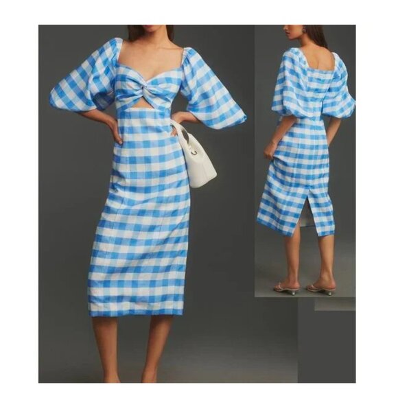 NEW $498 RHODE NOA LINEN MIDI DRESS WITH BLUE & WHITE GINGHAM DRESS SIZE 0 - Picture 1 of 10